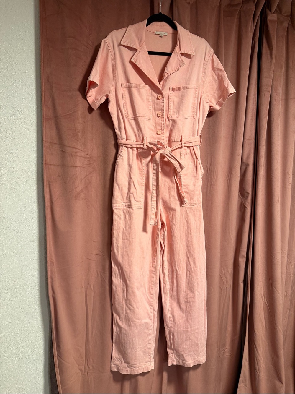 Skies Are Blue Peach Short-Sleeve Utility Jumpsuit with Tie Waist